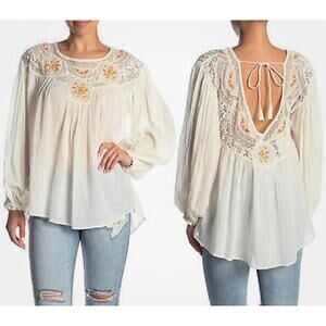 FREE PEOPLE Cotton Embroidered Secret Garden Blouse Women's Size S/P Ivory White